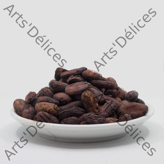 cacao fèves crues dans une soucoupe